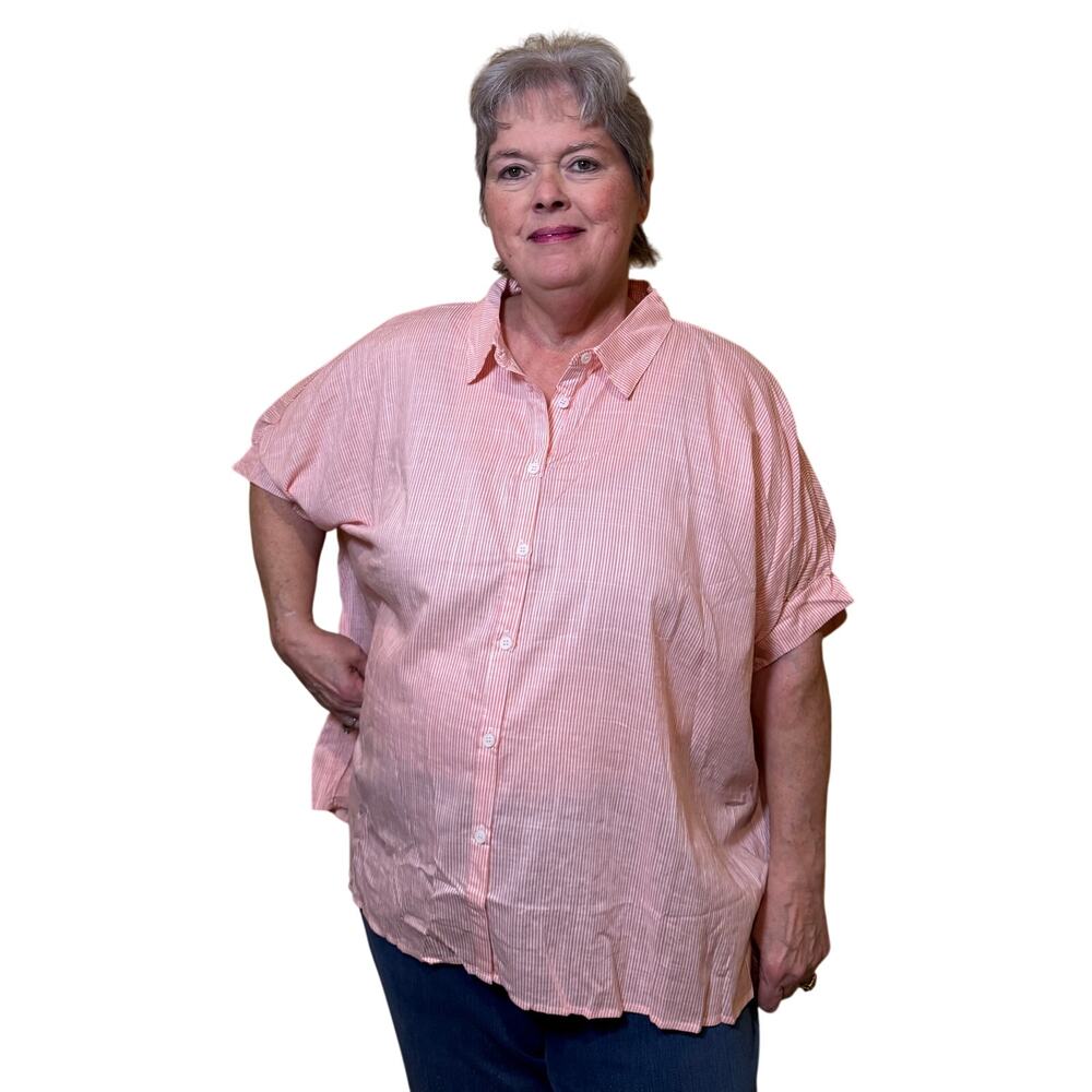 R41-XL NWT Umgee Striped Collared Button Down Oversized Top with Folded Sleeves